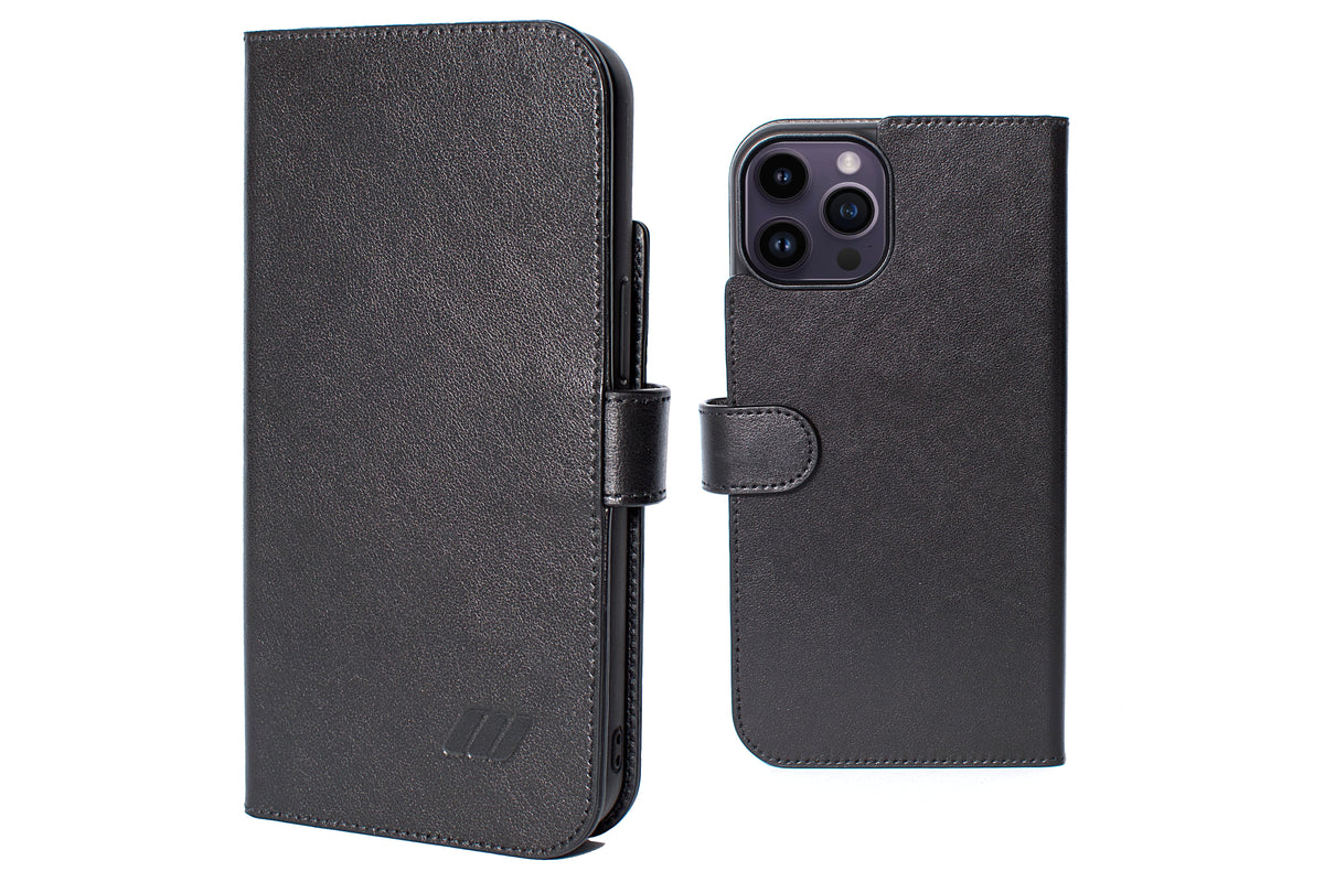 iphone 14 pro max leather folio case - black