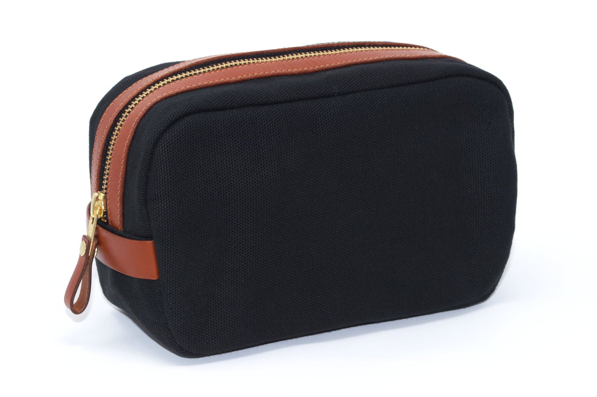 Waxed canvas wash bag dopp kit - black / tan